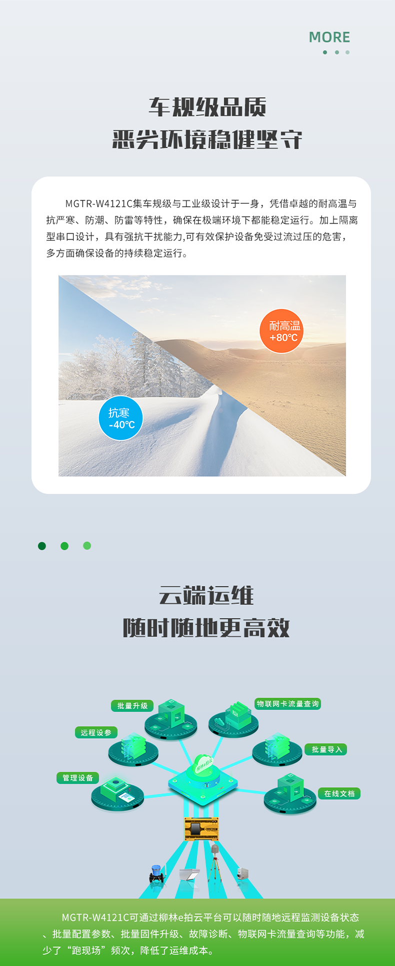 車(chē)規級品質(zhì) 惡興環境穩健堅守。MGTR-W4121C集車(chē)規級與工(gōng)業級設計于一身，憑借卓越的耐高溫與 抗嚴寒、防潮、防雷等特性，确保在極端環境下都能(néng)穩定運行。加上隔離 型串口設計，具(jù)有(yǒu)強抗幹擾能(néng)力,可(kě)有(yǒu)效保護設備免受過流過壓的危害， 多(duō)方面确保設備的持續穩定運行。雲端運維 随時随地更高效。MGTR-W4121C可(kě)通過柳林e拍雲平台可(kě)以随時随地遠(yuǎn)程監測設備狀态 批量配置參數、批量固件升級、故障診斷、物(wù)聯網卡流量查詢等功能(néng)，減 少了“跑現場”頻次，降低了運維成本。